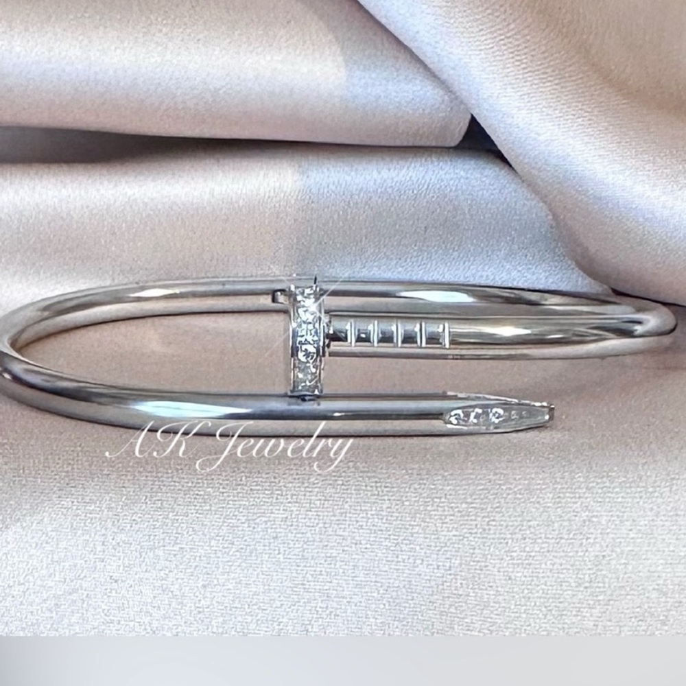 💎LUXURY PAVE Diamond Style Silver Nail Bracelet Stackable Bangle